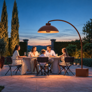 Heatsail Dome freestanding heater in TERRA finish above Royal Botania furniture