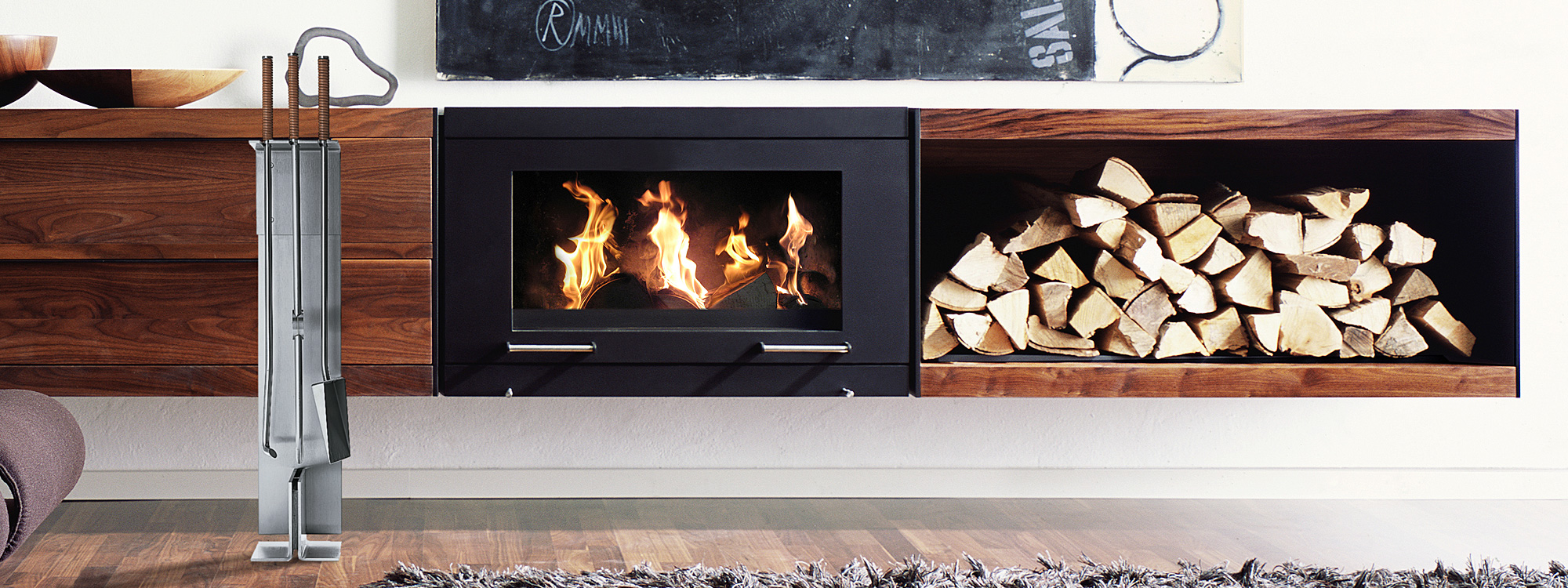 Image of Peter Maly minimalist fireside companion set in brushed stainless steel and leather by Conmoto, Germany