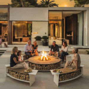 AK47 Tobia curved benches around circular fire pit