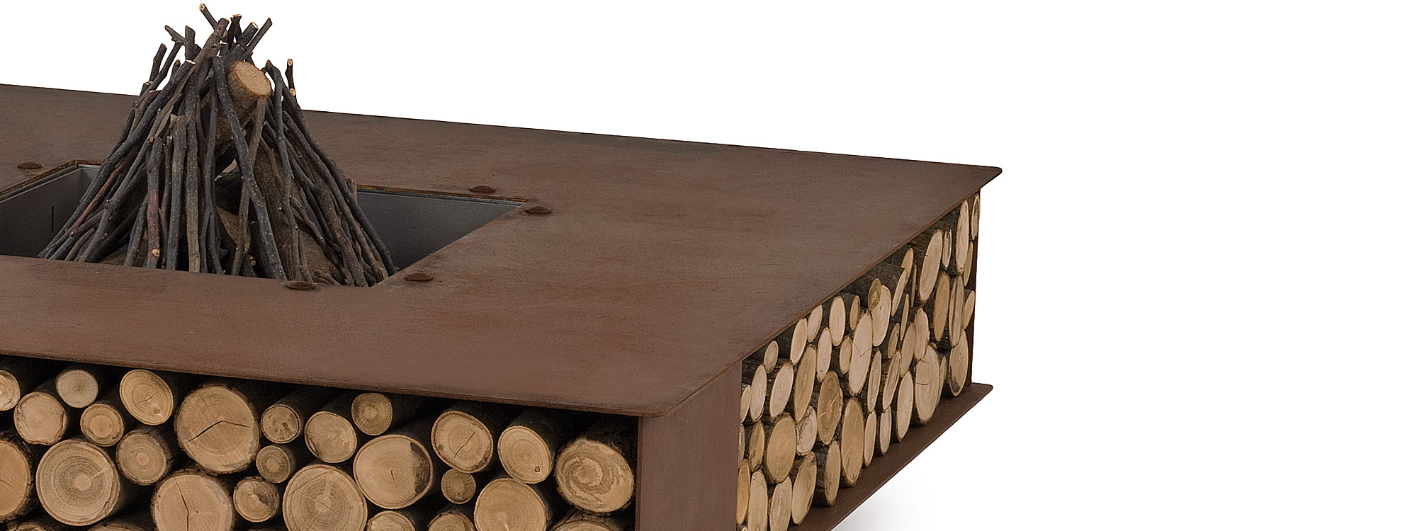 Image of AK47 Toast square fire pit in corten steel with logs and kindly ready to set alight