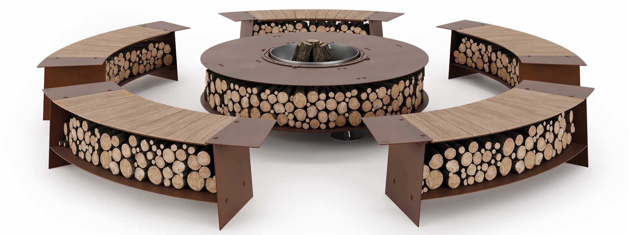 Studio image of Tobia curved garden benches around Zero fire pit by AK47 Design
