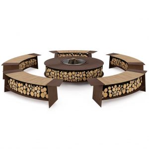 Tobia fire pit bench seat is a curved garden bench & handy bench log store in modern outdoor bench materials by AK47 modern fire pits, Italy.