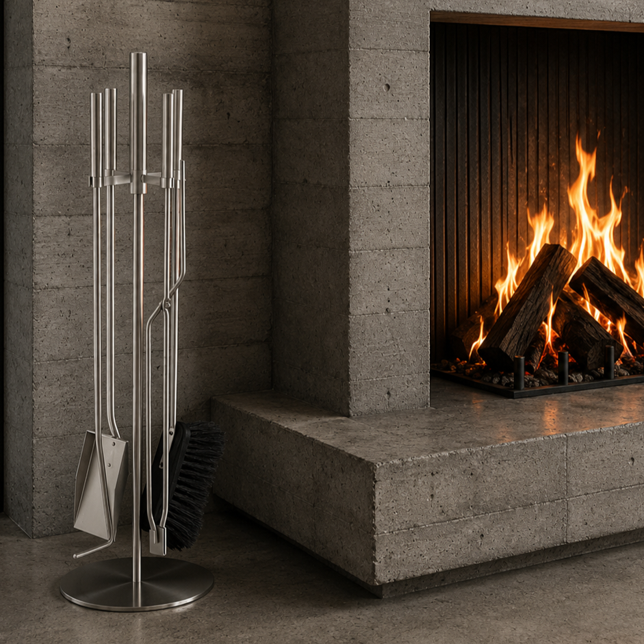 Image of Conmoto Sino fire tools on poured concrete hearth