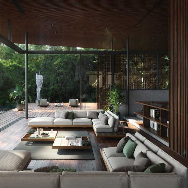 Image of pair of Mozaix large outdoor corner sofas beneath cantilevered ceiling in garden room