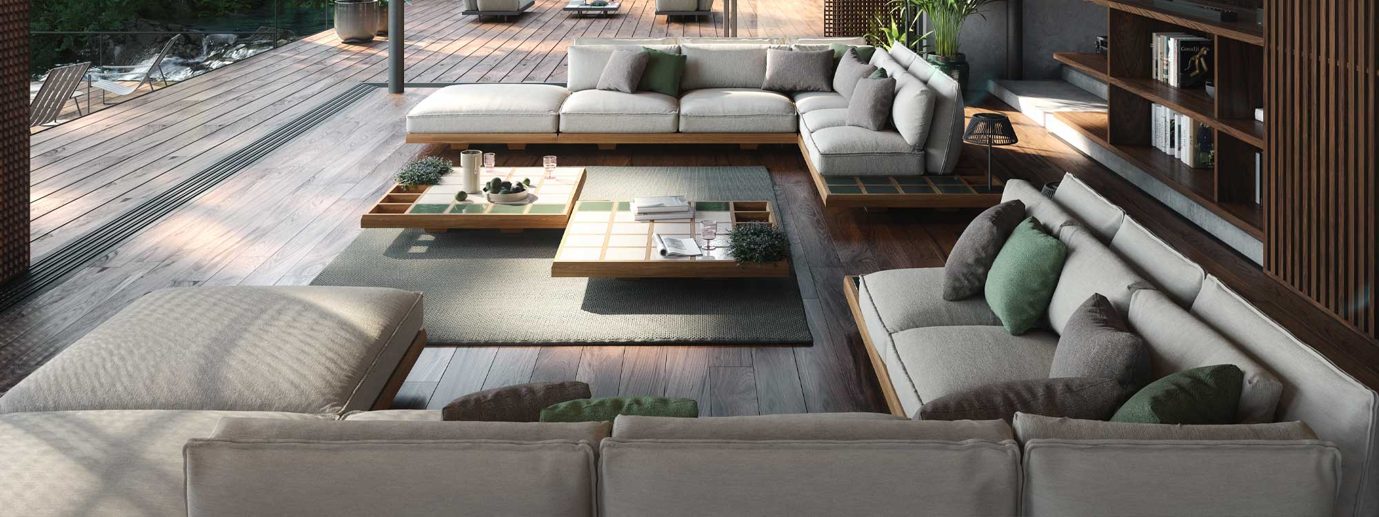 Image of pair of Mozaix luxury wooden corner sofas by Royal Botania in garden room overlooking expansive wooden decking