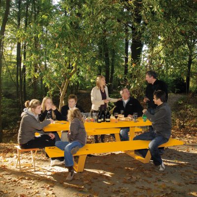 Vibrant Traffic Yellow Cassecroute MODERN Picnic Table & LUXURY PICNIC FURNITURE. SHORT Or LONG Picnic Table Sizes Up To 14m Made In High QUALITY Picnic Furniture Materials. Cassecroute DESIGNER Picnic FURNITURE Designed By Ronald Mattelé.