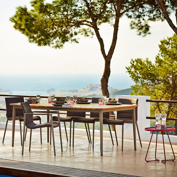 Image of taupe colored Core modern garden dining furniture by Cane-line, with cedar trees in background