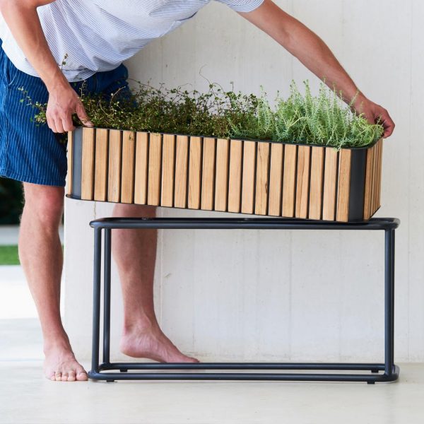 Image of Caneline Combine raised planter in lava-grey aluminum and teak, planted with herbs
