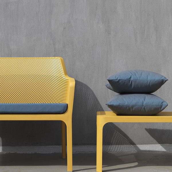 Image of Nardi Net 2 seater sofa seat in mustard polypropylene with blue cushions