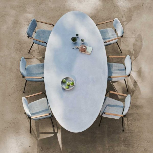 Birdseye image of Exes elliptical garden table and Exes chairs by Royal Botania