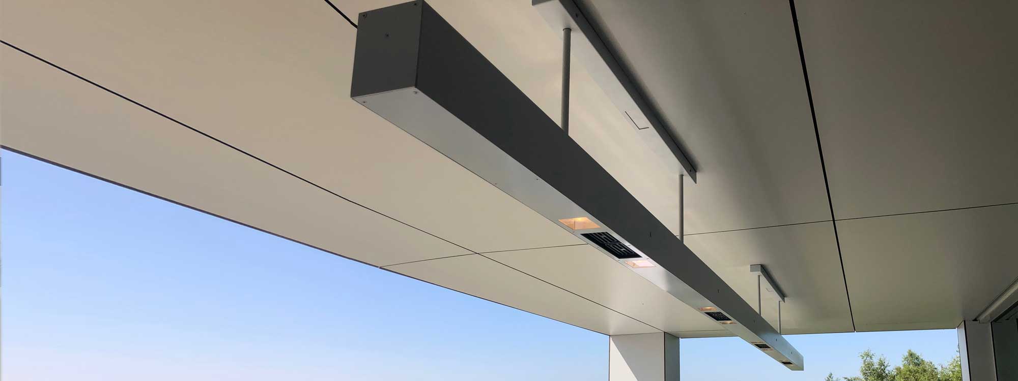 Beem outdoor ceiling heater is an exterior overhead heat bar with dimmable light from Heatsail FAR infrared energy efficient garden heater Co.