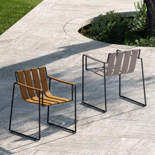 Image of pair of modern garden chairs in mustard and grey finishes by Royal Botania