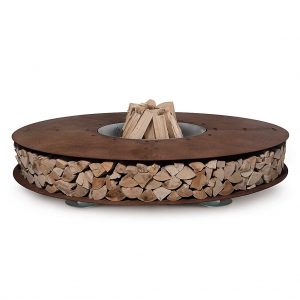 AK47 Zero round fire pit is a 2.0 m Ø firepit with log storage in corten steel firepit materials by AK47 Design outdoor firepit company.