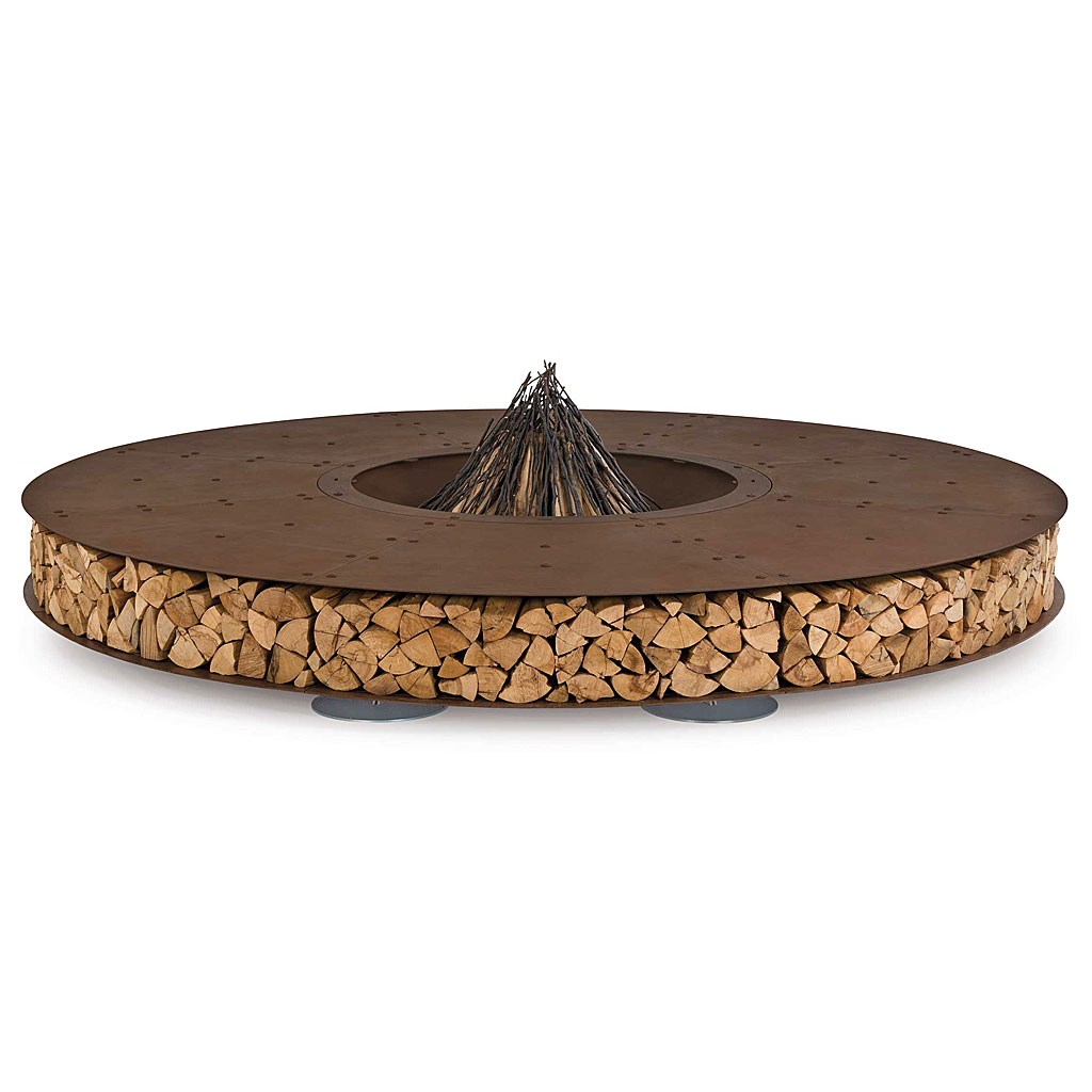 Zero large circular firepit is a 3.0m Ø minimalist fire pit with firepit log storage in corten by AK47 luxury garden fire bowl company.