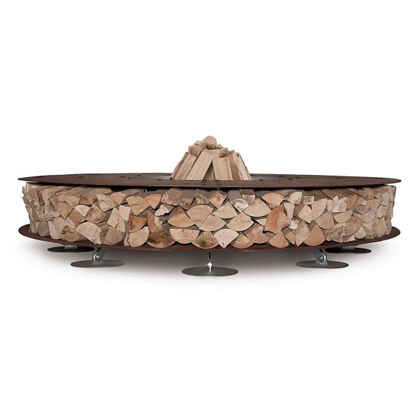 Studio image of 2.0m Zero round fire pit with logs neatly stacked inside integrated log store by AK47 Design