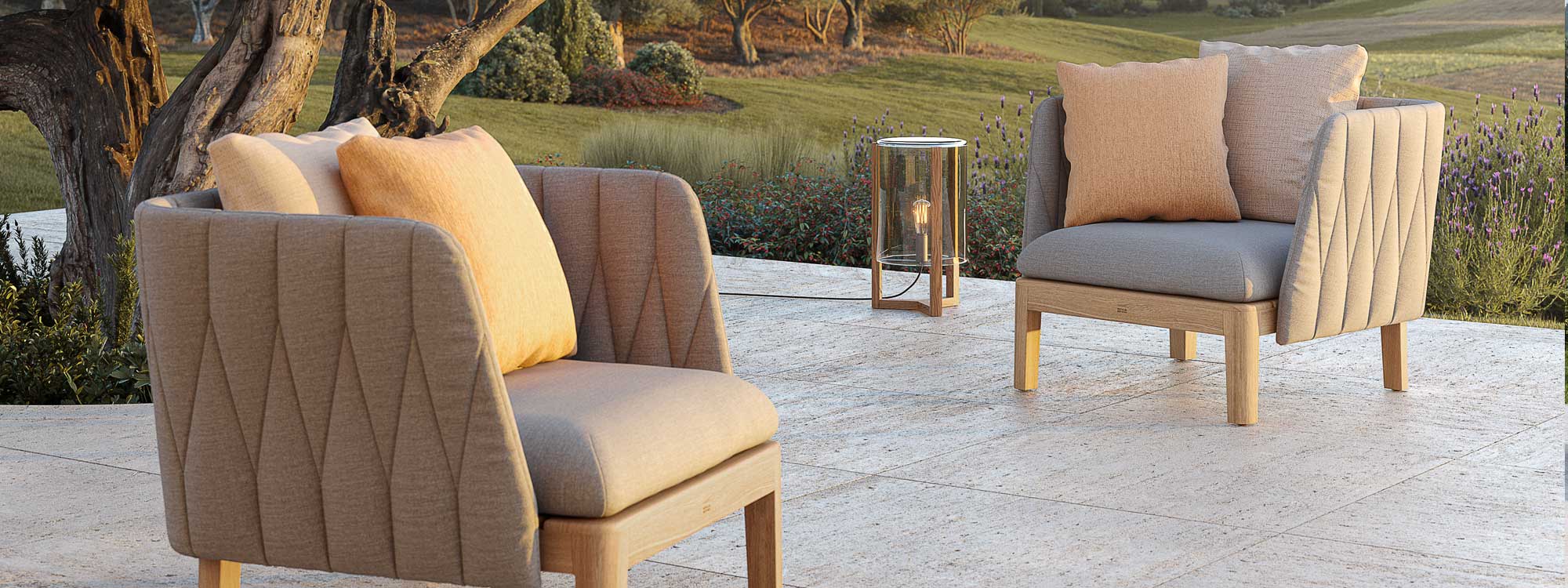Pair of Calypso garden lounge chairs on terrace
