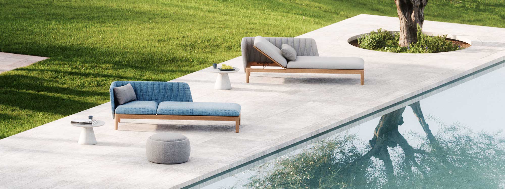 Image of Royal Botania Calpyso daybeds and Conix side tables next to a swimming pool