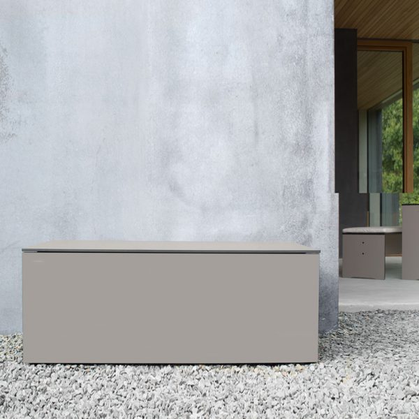 Image of El Pecho modern outdoor cushion box & garden cushion chest in quality exterior cushion box materials by Conmoto contemporary garden furniture.