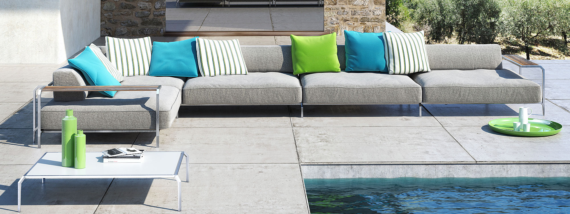 Image of Coro Sabal minimalist garden corner sofa on sunny poolside