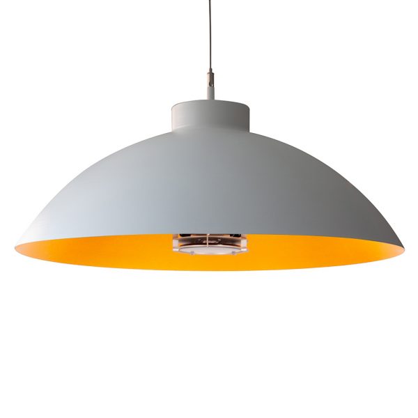 Studio image of white Heatsail Dome Pendant outdoor ceiling heater with light