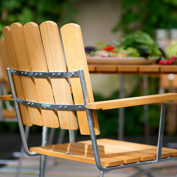 Image of back of A2 Swedish garden chair showing teak back, seat and arm slats and galvanised steel frame by Grythyttan Stålmobler