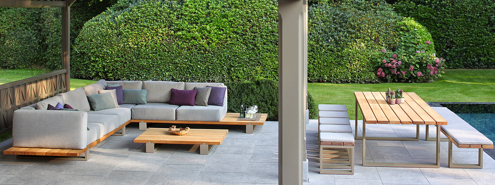 Image of Vigor Lounge outdoor sofa and Vigor dining table and benches by Royal Botania