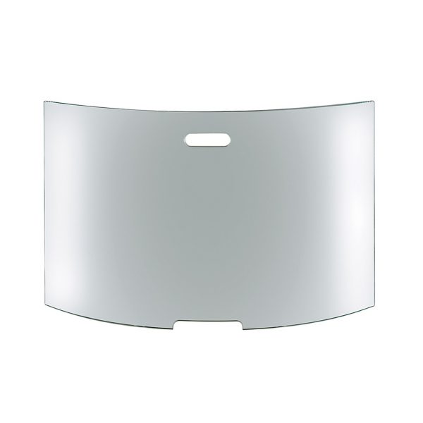 Studio image of modern curved glass fireguard with handle