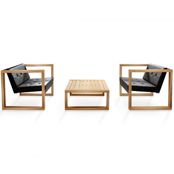 Studio image of FueraDentro Cima Lounge modernist garden sofa and lounge chairs with teak frames and Chesterfield-style cushions in black Stamskin synthetic leather