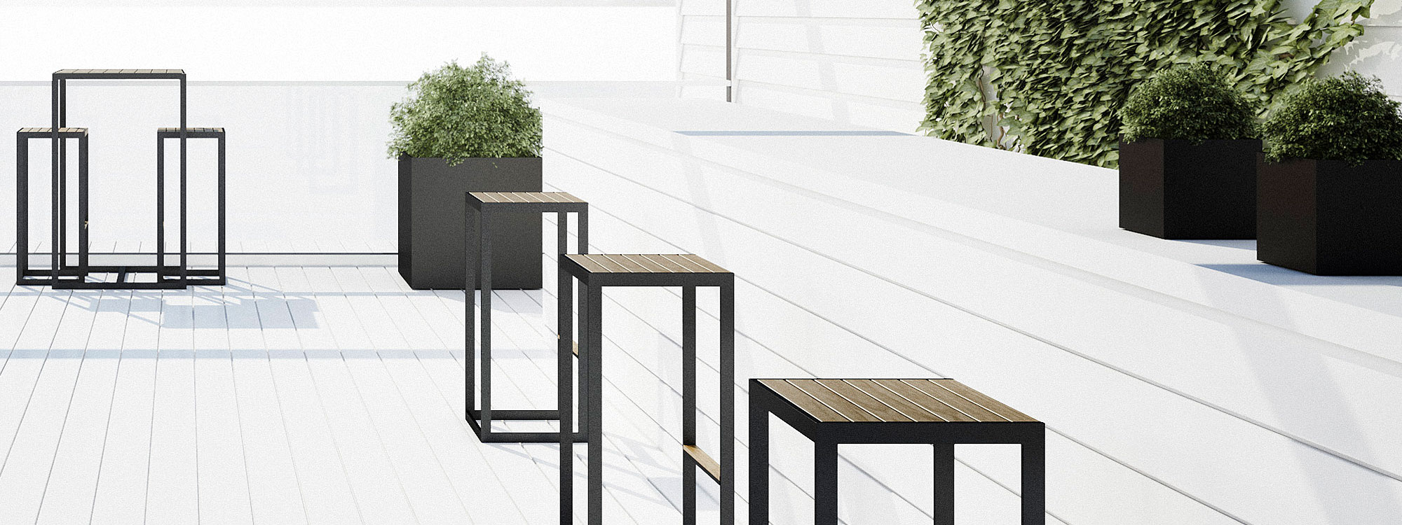 Image of Roshults modern outdoor bar furniture on whitewashed wooden decking punctuated by linear plant pots