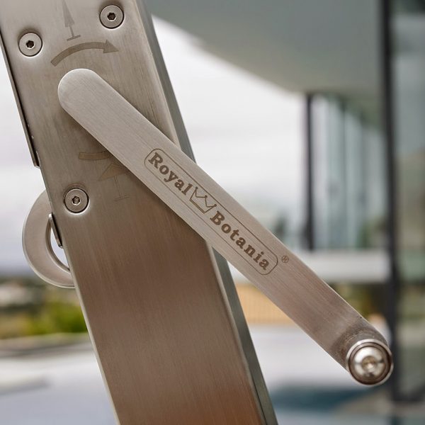 Image of detail of stainless steel crank of Shady X-Centric side post parasol by Royal Botania
