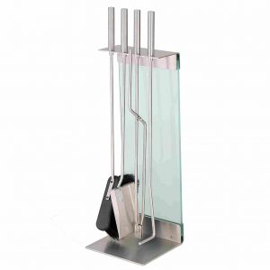 Stainless Steel & Frosted Glass TERAS Modern FIRESIDE TOOLS Stand. LUXURY Hearth Irons & CONTEMPORARY Fire Tools By Conmoto HIGH QUALITY Fireplace ACCESSORIES, GERMANY.