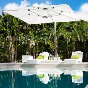 Image of white Ocean Master Max cantilever parasol with polished aluminum mast and ribs
