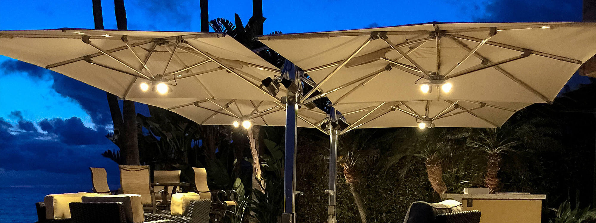 You Can Optionally Fit Infra-Red Heating & Lighting To Tuuci Ocean Master Max Cantilever Parasols. Modern Cantilever Parasols In Marine Grade Parasol Materials. Residential, Hospitality And Hotel Parasols.