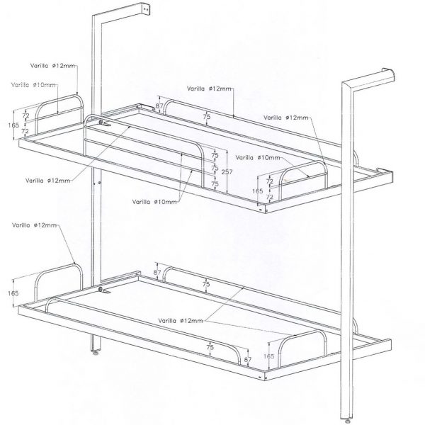 Technical drawing demonstrating UK specification safety bars for Sellex La Literal folding bunk bed