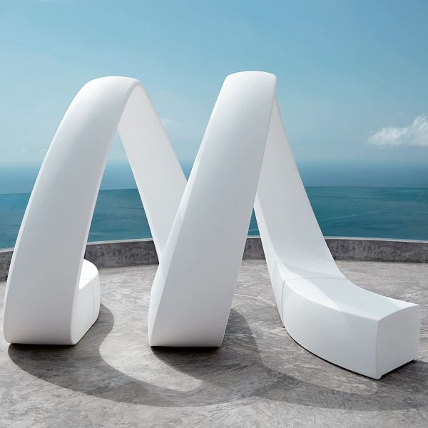 Image of Vondom AND white modular bench with spinning arches evocative of DNA helix