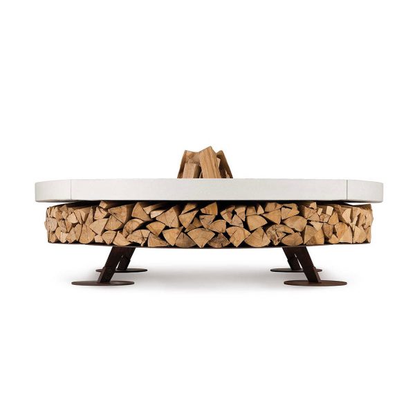 Studio image of side view of white Ercole fire pit and its log store full of neatly piled firewood by AK47