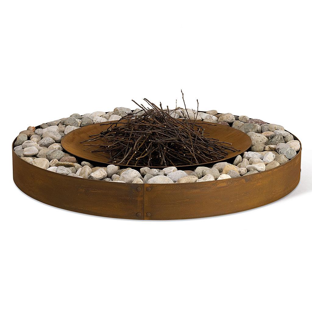 Zen fire pit is a corten steel fire bowl with 1.8m Ø raised retainer wall for aggregates by AK47 Design minimalist outdoor firepit company.