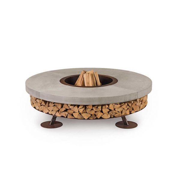 Studio image of small Ercole concrete fire pit with grey surround by AK47 Design