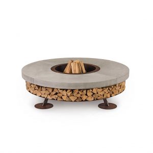 Studio image of Ercole circular fire pit with grey concrete surround by AK47 Design
