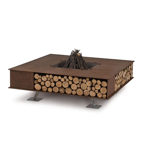 Studio image of AK47 Toast square fire pit in corten steel with logs filling log storage