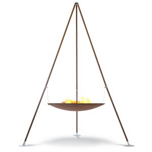 AK47 Tripee tripod fire bowl is a striking 2.8 m tall nomad-inspired modern garden fire pit & BBQ by AK47 Design outdoor firepit company.