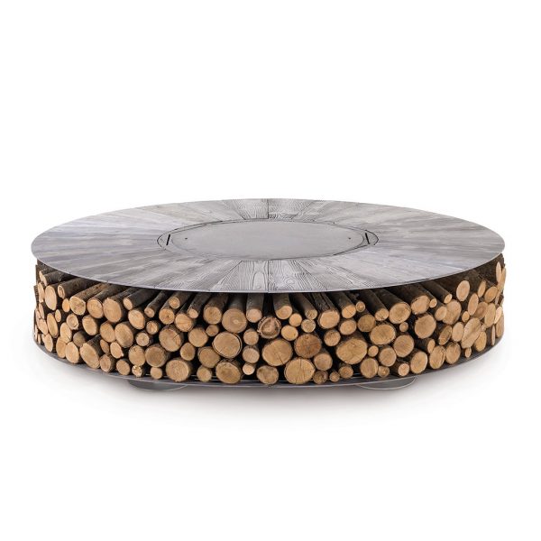 Zero Aluminium fire pit is a silver coloured firepit & unique garden sculpture with firepit log store in high end firepit materials by AK47.