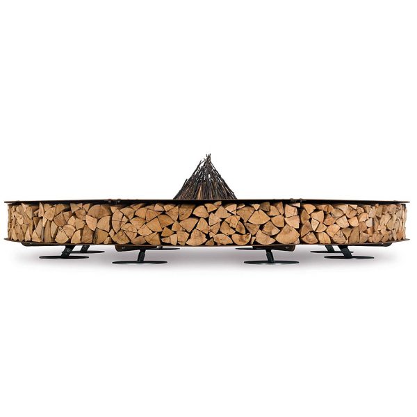 Zero large circular firepit & Contemporary Outdoor Sculpture is a 3.0m Ø minimalist fire pit with firepit log storage in corten by AK47 luxury garden fire bowl company.