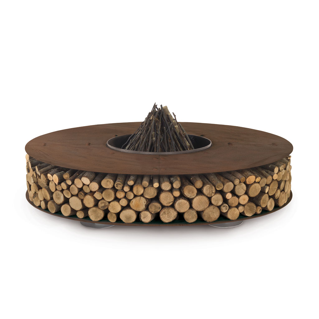 AK47 Zero circular fire pit is a 1.5 m Ø modern fire pit with fire pit log store in all weather firepit materials by AK47 Design Italian firepit company