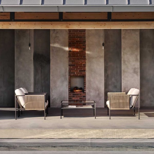 Image of Roshults Antibes contemporary outdoor lounge furniture shown on concrete terrace