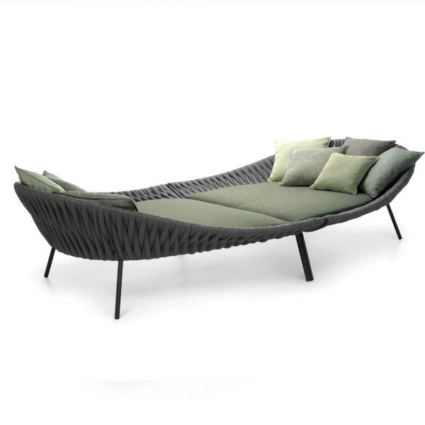 Studio image of pair of RODA Arena daybeds placed together, with grey webbed sides and olive cushions