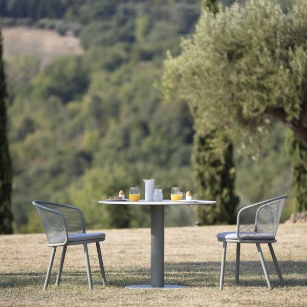 Baza garden chair and Branta circular table with olive trees in background