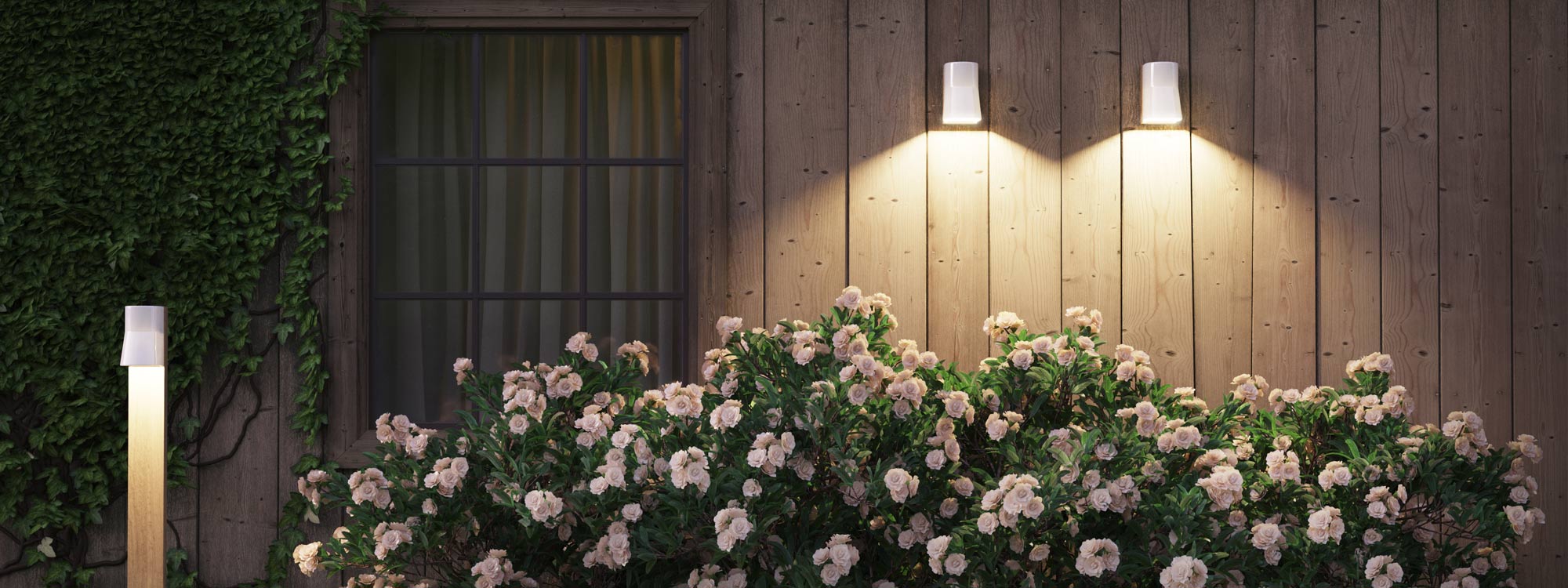Image of Royal Botania Beacon bollard light and outdoor wall lights in teak and porcelain