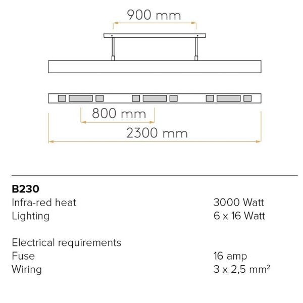 Image of Spec sheet For beem-230-tech. Beem INFRARED Outdoor Heater - MULTIFUNCTIONAL Exterior CEILING HEATER With DIMMABLE LIGHT & MIST COOLING System By HEATSAIL High Quality Garden Heating