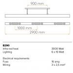 Image of spec sheet for beem-290-tech. Beem INFRARED Outdoor Heater - MULTIFUNCTIONAL Exterior CEILING HEATER With DIMMABLE LIGHT & MIST COOLING System By HEATSAIL High Quality Garden Heating
